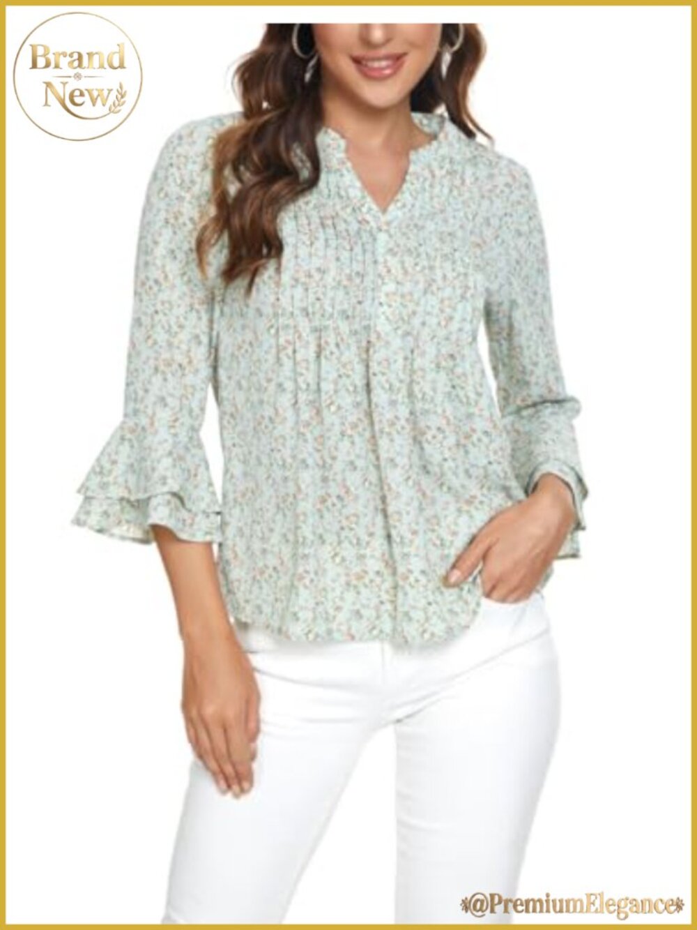 Boho Floral Chiffon Tunic Blouse V-Neck Bell Sleeve Loose Fit Women's Top